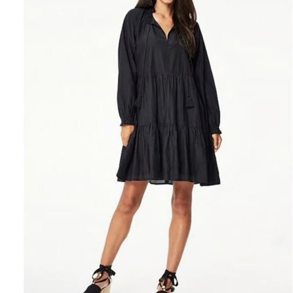 Roller Rabbit Janni Tie V-Neck Long Sleeve Ruffle Cuff Tiered Dress black large